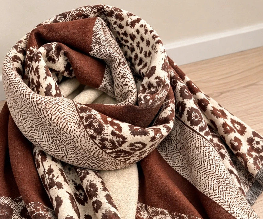 Braun shawl beige brown leopard print soft polyester with fringed ends