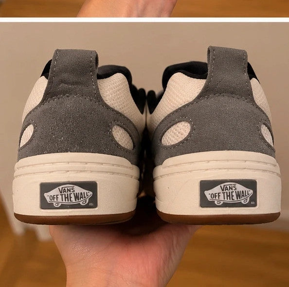 VANS grey trainers with cream and black checkerboard detail, padded tongue, and original box.