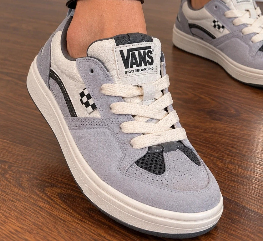 VANS grey trainers with cream and black checkerboard detail, padded tongue, and original box.