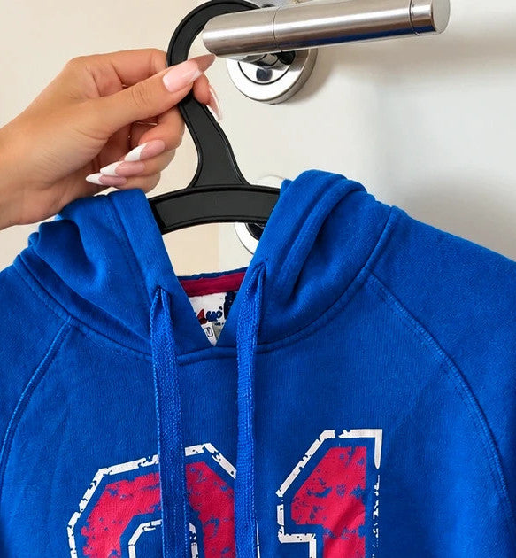 Shamp blue hoodie with large red and white 01 print, drawstring hood, kangaroo pocket.