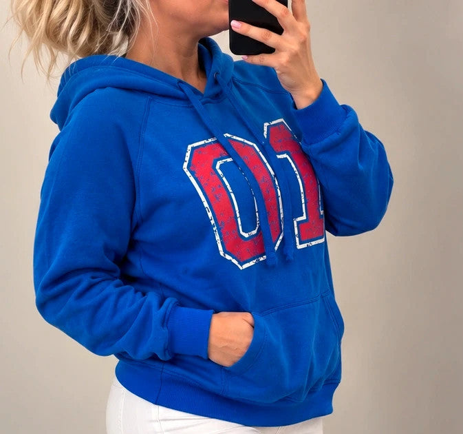 Shamp blue hoodie with large red and white 01 print, drawstring hood, kangaroo pocket.