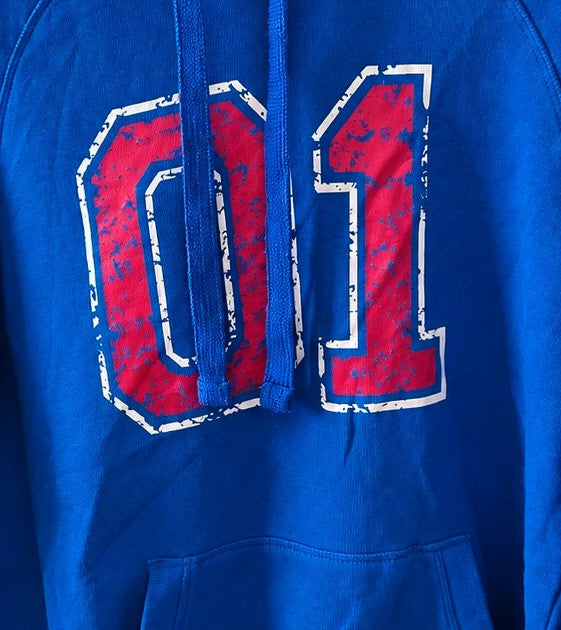 Shamp blue hoodie with large red and white 01 print, drawstring hood, kangaroo pocket.