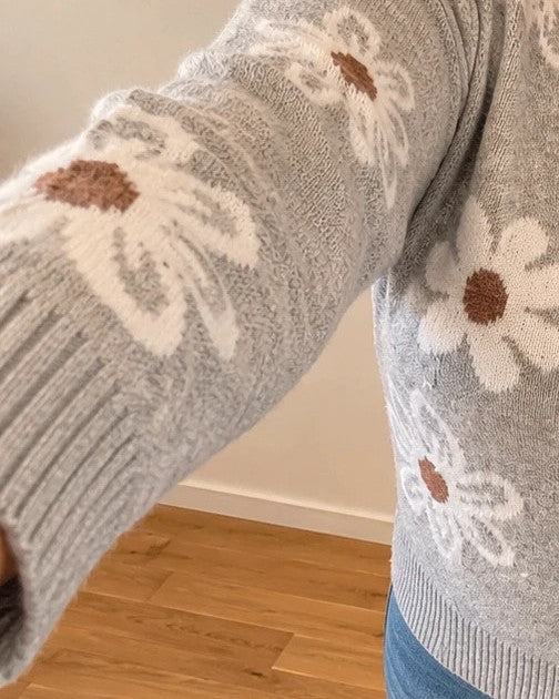 SheIn grey knit cardigan with white-brown floral pattern, V-neck, and button closure.