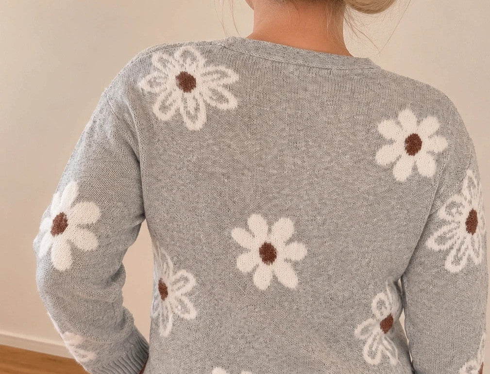 SheIn grey knit cardigan with white-brown floral pattern, V-neck, and button closure.