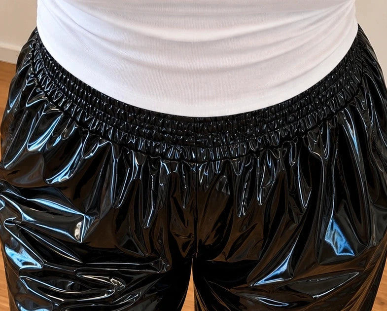 Baggy black joggers high-gloss wetlook elastic waistband and ankle cuffs