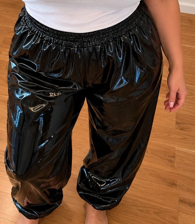 Baggy black joggers high-gloss wetlook elastic waistband and ankle cuffs
