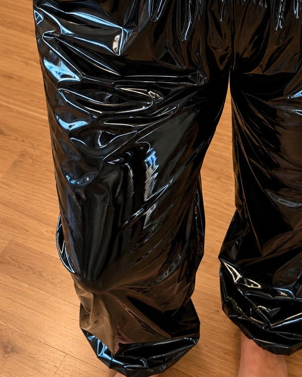 Baggy black joggers high-gloss wetlook elastic waistband and ankle cuffs