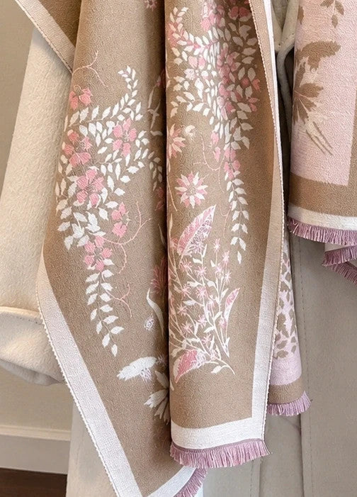 Beige shawl with pink floral pattern, reversible, soft polyester, fringed edges.