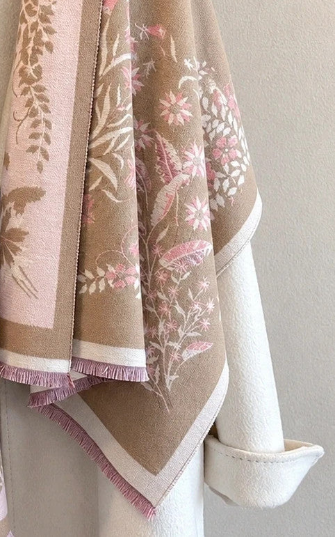 Beige shawl with pink floral pattern, reversible, soft polyester, fringed edges.