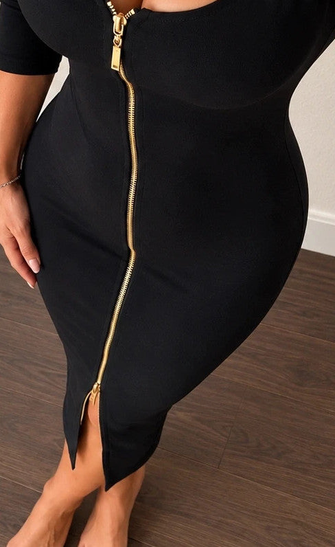 XXL black midi dress with golden front zipper and 3/4 sleeves, figure-hugging stretch fabric.