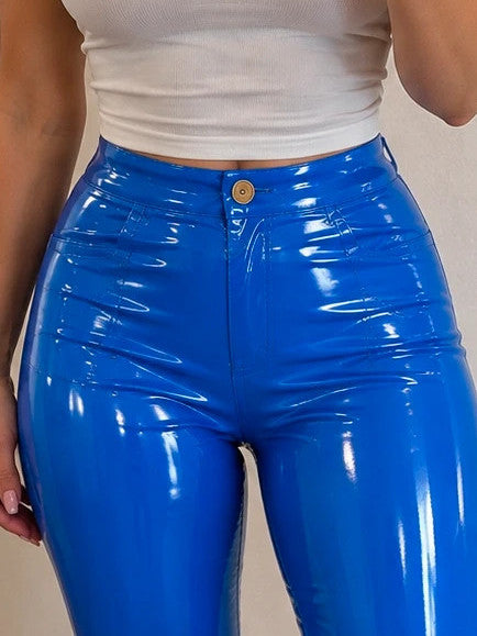 Che blue high waist pants with glossy finish, front zipper, and no real pockets.