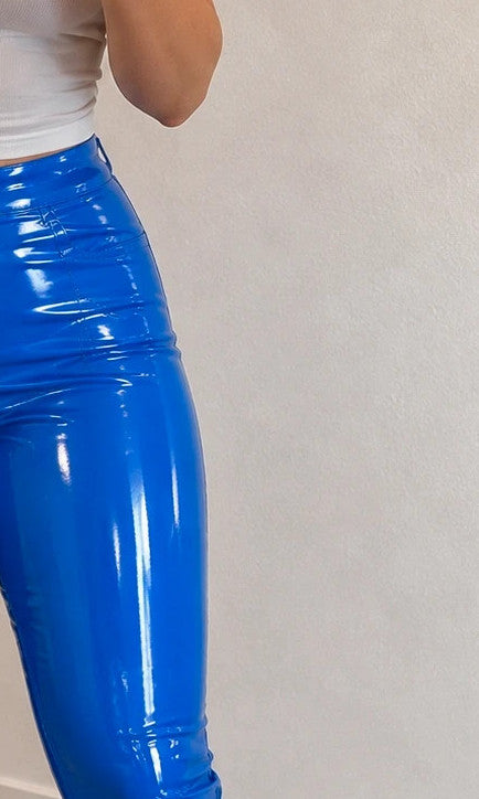 Che blue high waist pants with glossy finish, front zipper, and no real pockets.