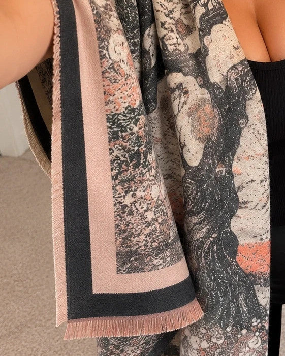 Creme multi shawl with artistic tree motif and decorative fringes, soft polyester material.