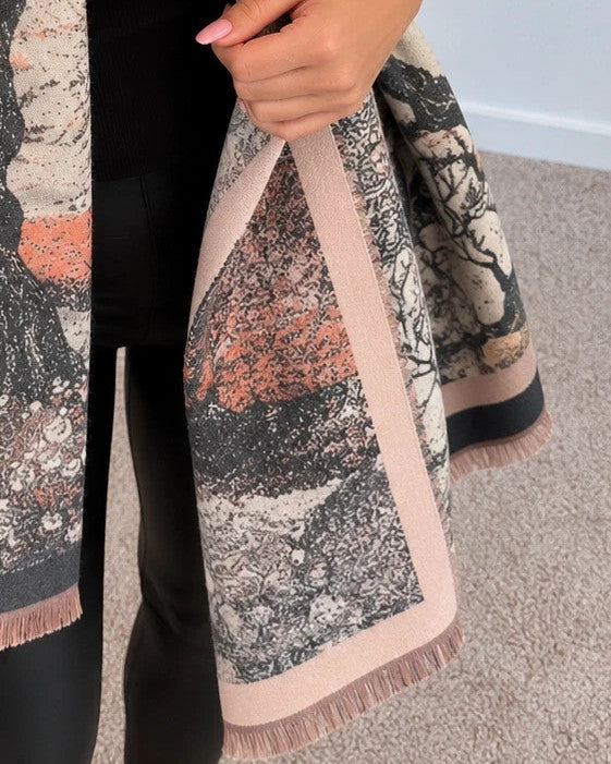 Creme multi shawl with artistic tree motif and decorative fringes, soft polyester material.