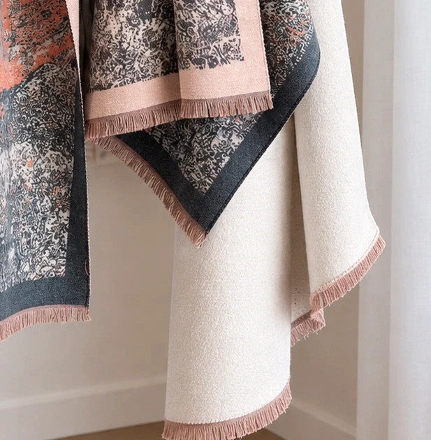 Creme multi shawl with artistic tree motif and decorative fringes, soft polyester material.