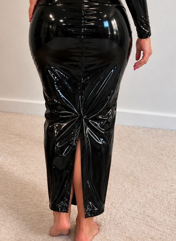 L'ange black linen maxi dress long sleeves high collar glossy finish