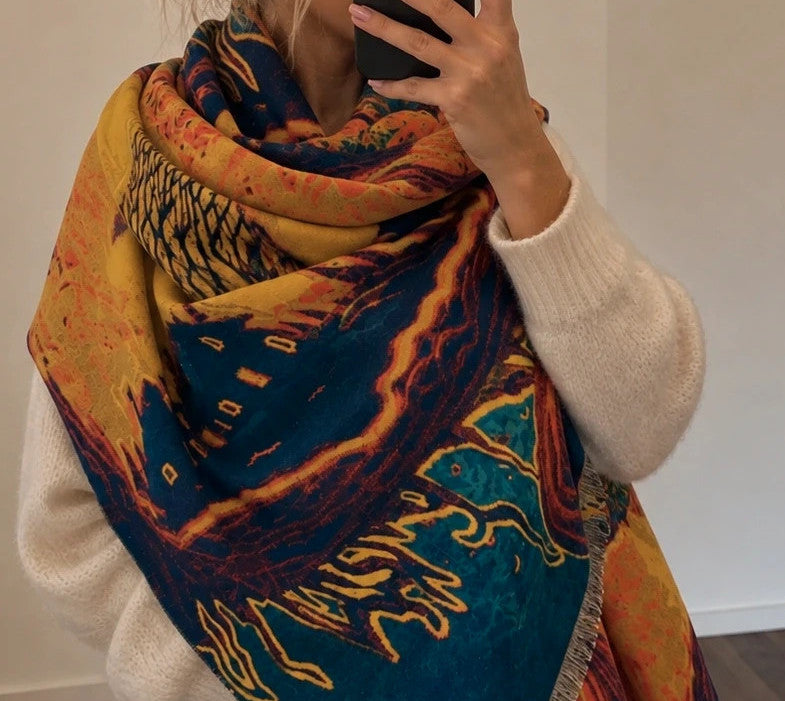 Farben multi shawl featuring artistic landscape design with fringed edges, 100% polyester.