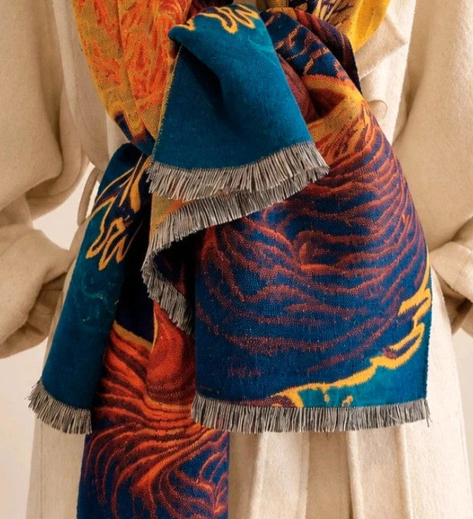 Farben multi shawl featuring artistic landscape design with fringed edges, 100% polyester.