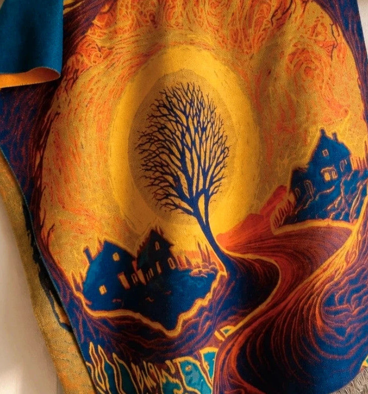 Farben multi shawl featuring artistic landscape design with fringed edges, 100% polyester.