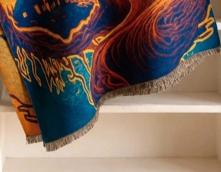 Farben multi shawl featuring artistic landscape design with fringed edges, 100% polyester.