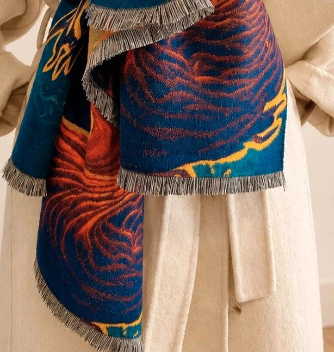 Farben multi shawl featuring artistic landscape design with fringed edges, 100% polyester.