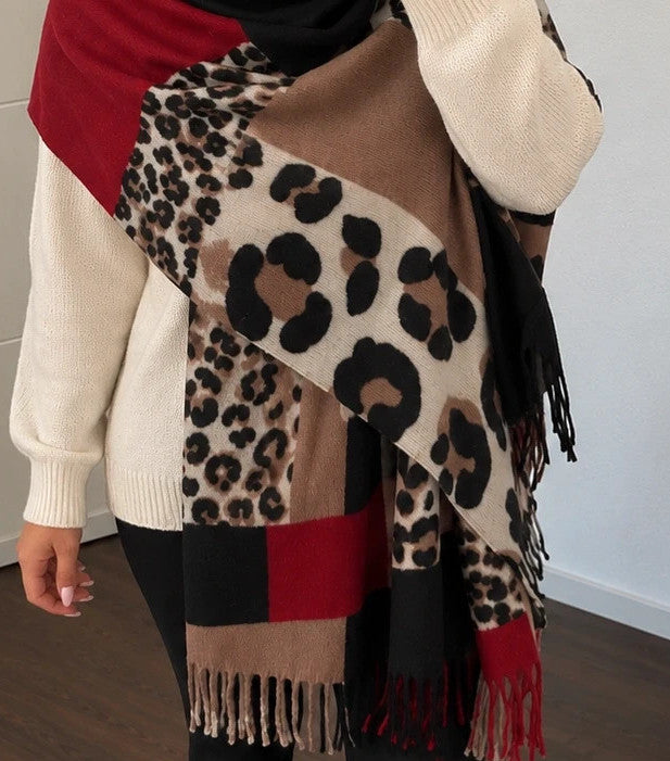 Bordeaux multi shawl featuring leopard print, geometric patterns, and fringed edges.