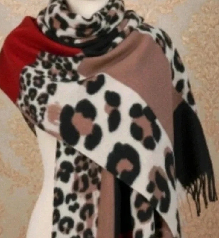 Bordeaux multi shawl featuring leopard print, geometric patterns, and fringed edges.