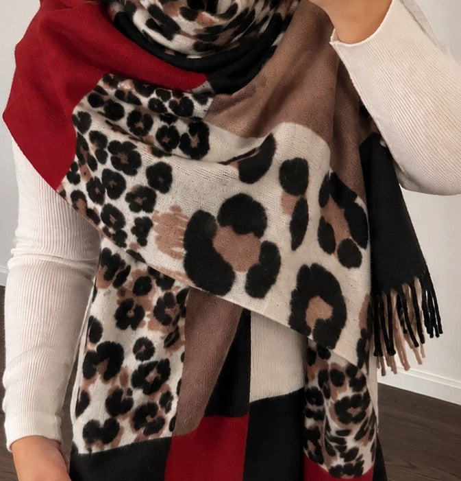 Bordeaux multi shawl featuring leopard print, geometric patterns, and fringed edges.