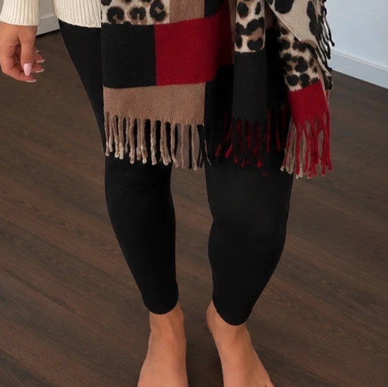 Bordeaux multi shawl featuring leopard print, geometric patterns, and fringed edges.