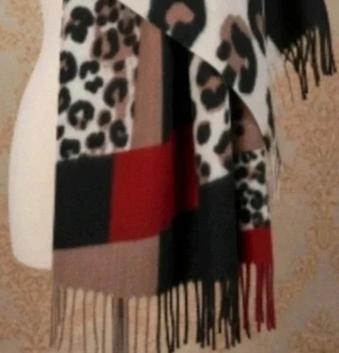 Bordeaux multi shawl featuring leopard print, geometric patterns, and fringed edges.