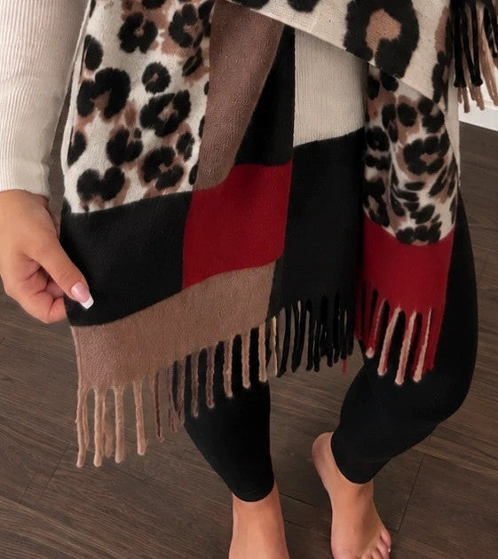 Bordeaux multi shawl featuring leopard print, geometric patterns, and fringed edges.