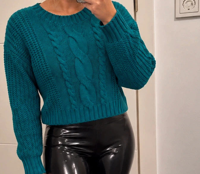 Pullover blue-green hoodie with cable knit pattern and ribbed cuffs, size L fits like M.