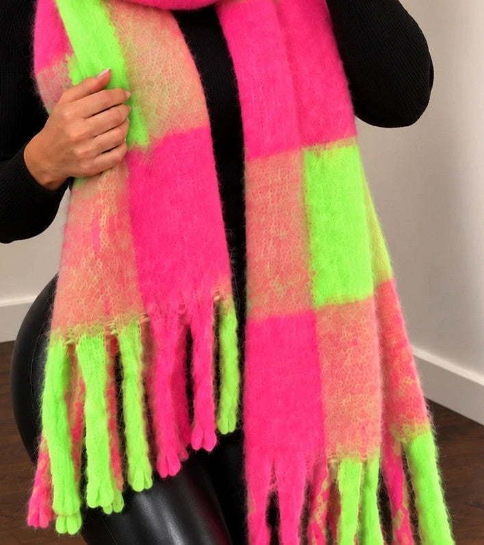 XXL multi shawl large check pattern neon pink green orange beige with fringes
