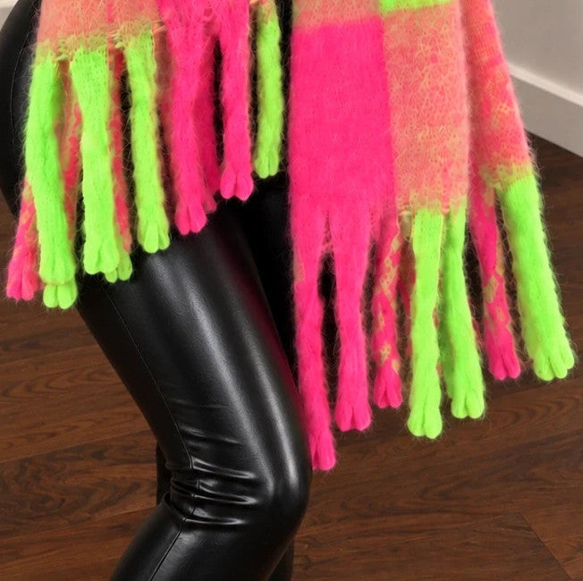 XXL multi shawl large check pattern neon pink green orange beige with fringes