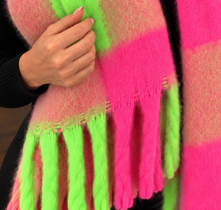 XXL multi shawl large check pattern neon pink green orange beige with fringes