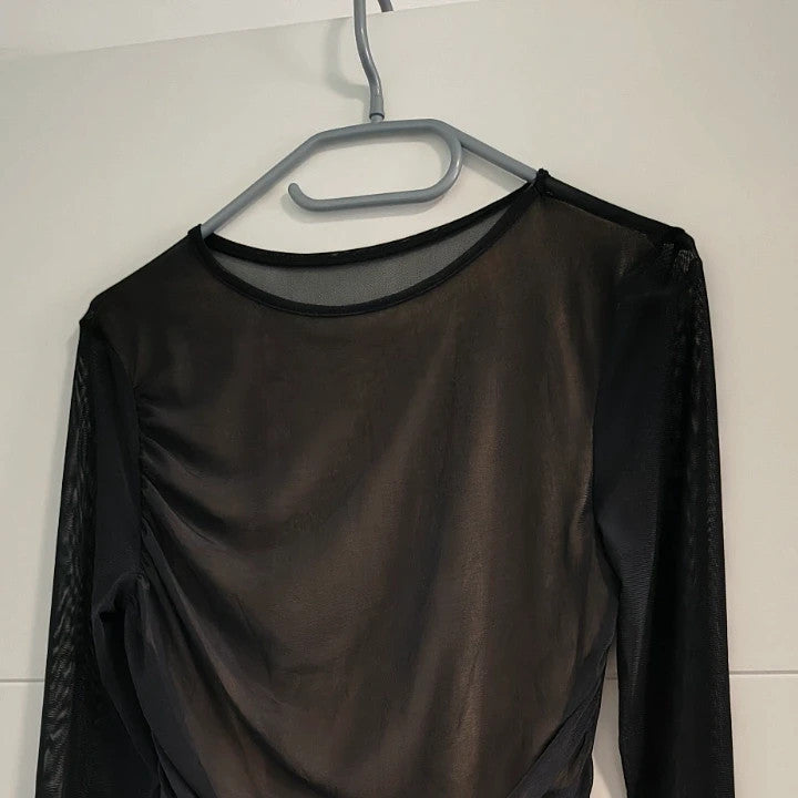ohne pencil dress black mesh long sleeves ruched design beige lining