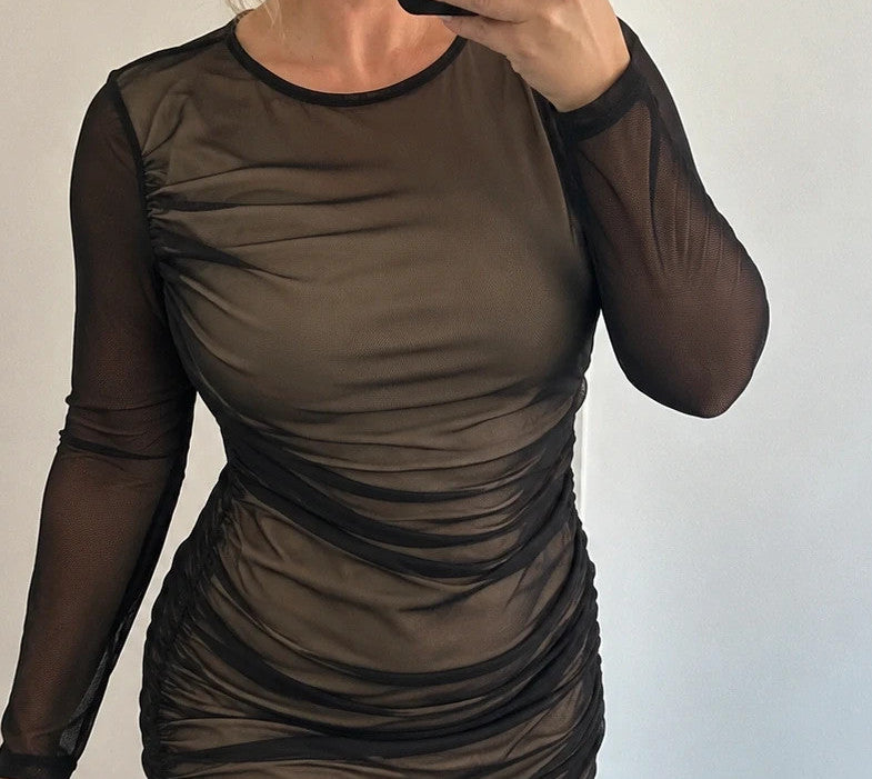 ohne pencil dress black mesh long sleeves ruched design beige lining