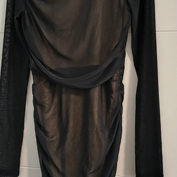 ohne pencil dress black mesh long sleeves ruched design beige lining