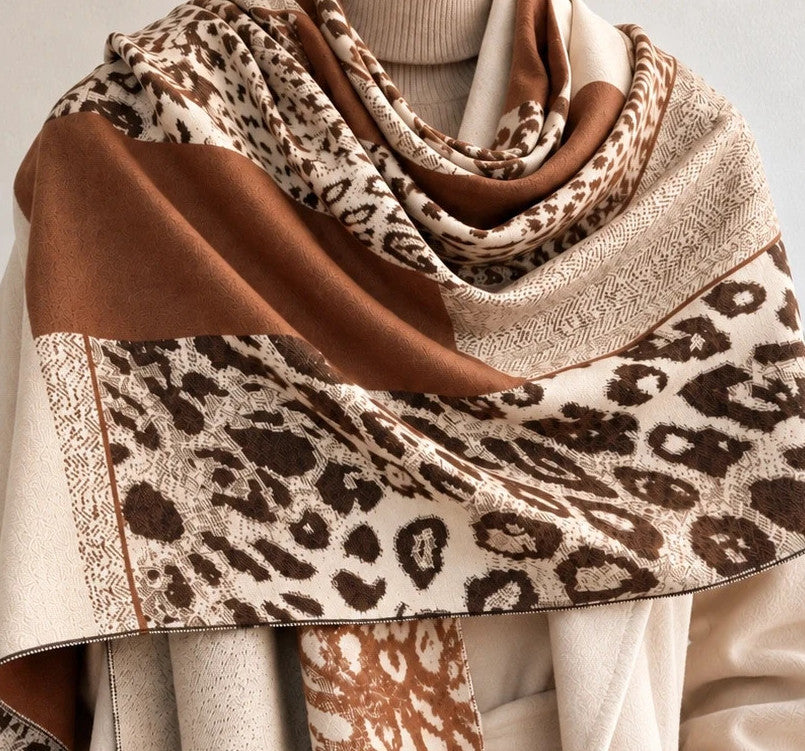 Braun shawl beige brown cream animal print mix soft polyester fabric