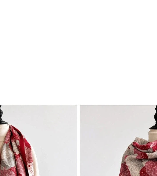 Creme shawl red, cream, grey with decorative leaf pattern and fringed edges.