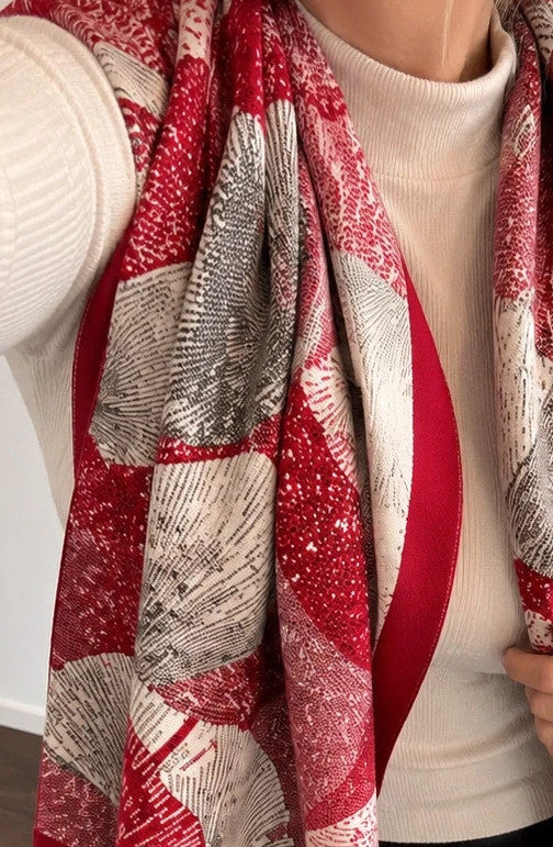 Creme shawl red, cream, grey with decorative leaf pattern and fringed edges.