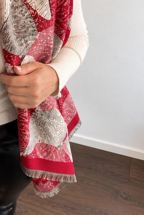 Creme shawl red, cream, grey with decorative leaf pattern and fringed edges.