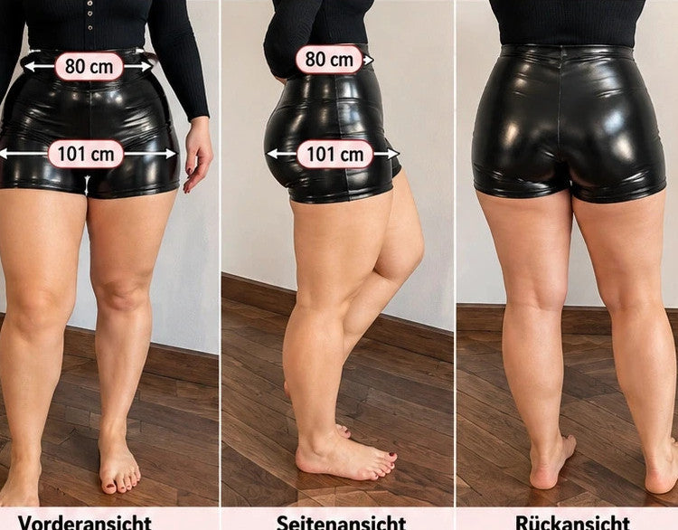 Hotpants black high-waisted activewear shorts glossy finish, fitted style, wide waistband.