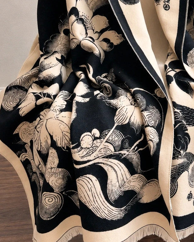 Creme black and cream shawl with floral pattern, soft polyester fabric.