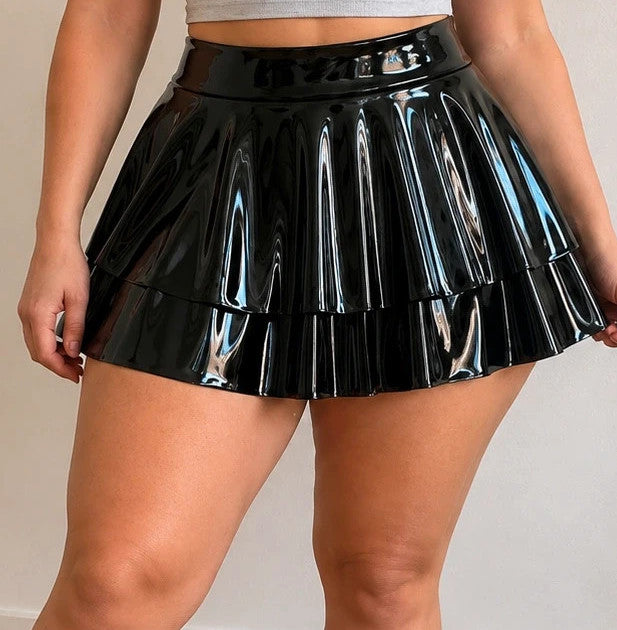 hoch black knee-length skirt faux leather wide waistband layered pleated design