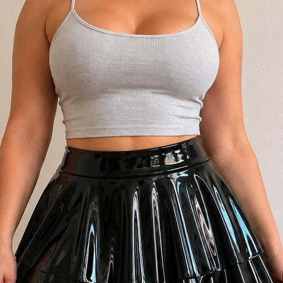 hoch black knee-length skirt faux leather wide waistband layered pleated design