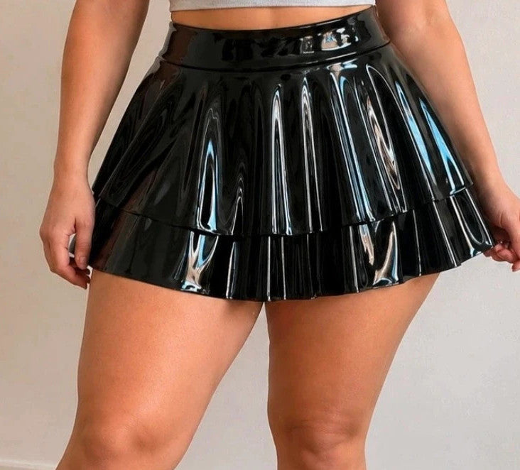 hoch black knee-length skirt faux leather wide waistband layered pleated design