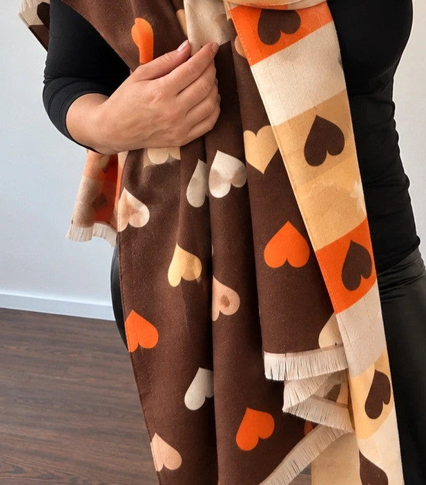 Braun shawl multi-coloured heart pattern soft polyester with fringed edges
