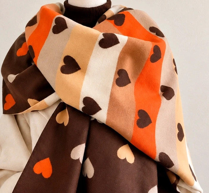 Braun shawl multi-coloured heart pattern soft polyester with fringed edges