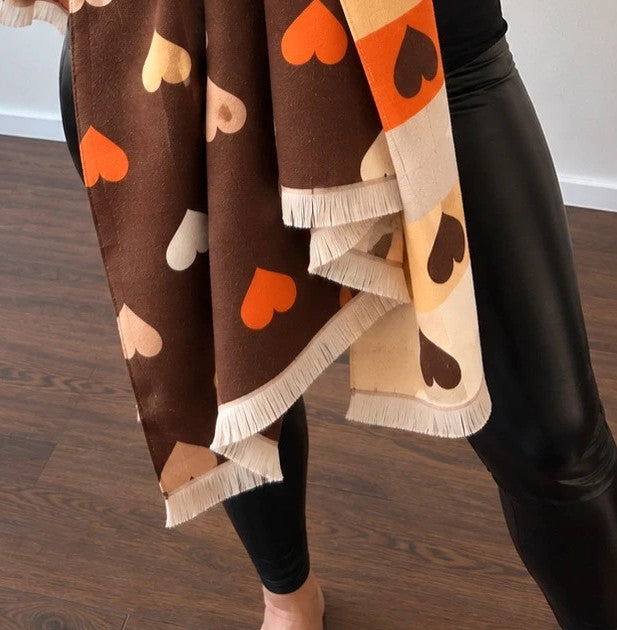 Braun shawl multi-coloured heart pattern soft polyester with fringed edges